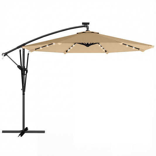 Outsunny Parasol Excéntrico Con Luces Led Solares Base Cruzada 330x295 Cm Caqui_0