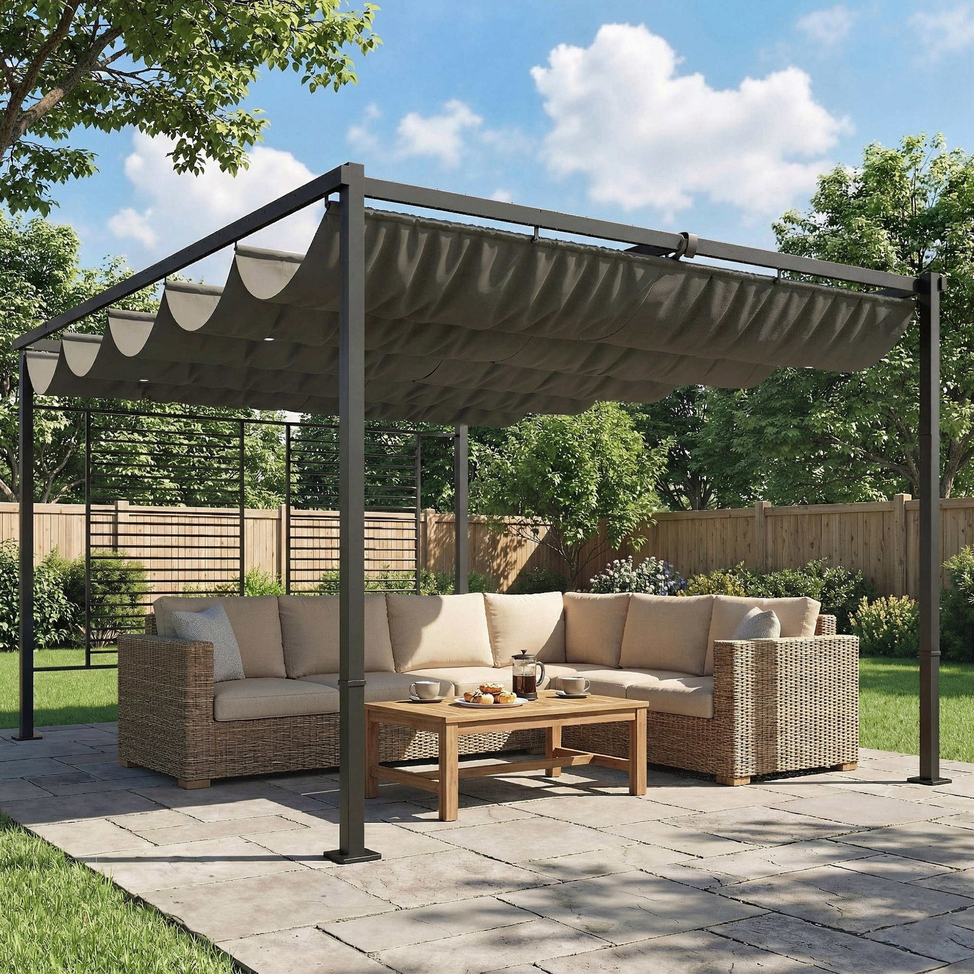 Outsunny Pérgola De Jardín 4x3 M Con Techo Retráctil Y 2 Paneles De Privacidad_1