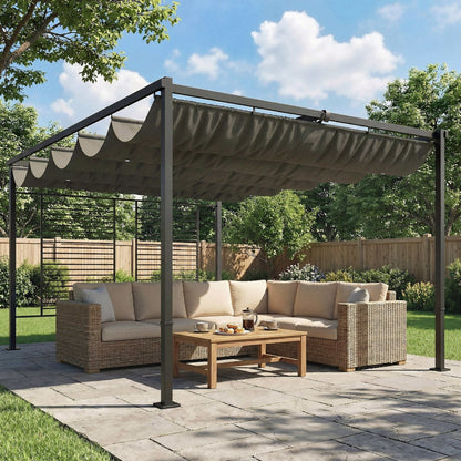 Outsunny Pérgola De Jardín 4x3 M Con Techo Retráctil Y 2 Paneles De Privacidad_1