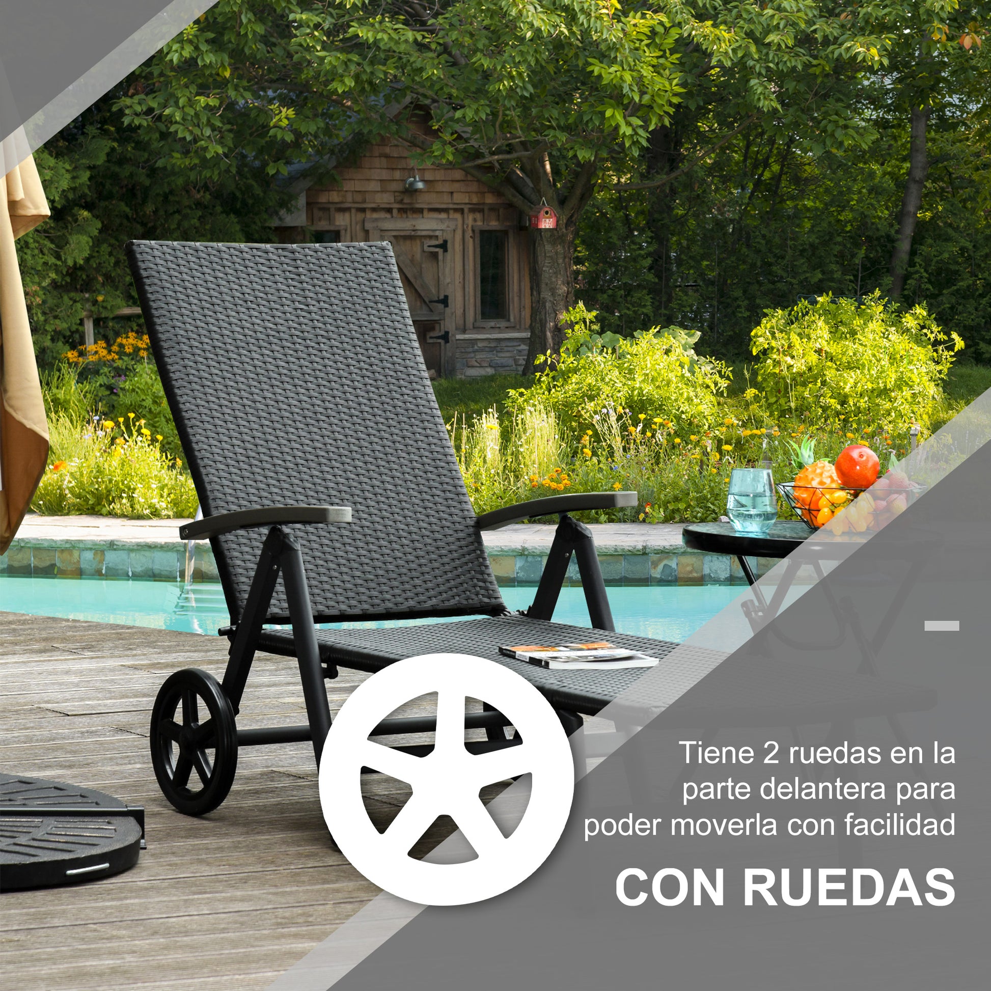 Outsunny Tumbona De Ratán Con Respaldo Reclinable 7 Posiciones Y Ruedas_5