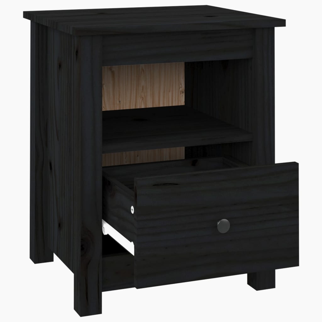 Mesita De Noche Madera Maciza De Pino Negra 40x35x49 Cm_4