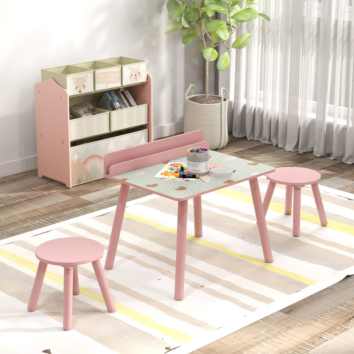 Mesa E Cadeira Para Crianças Aiyaplay Mdf E Madeira De Pinho Rosa 60x48x53,5 Cm_3