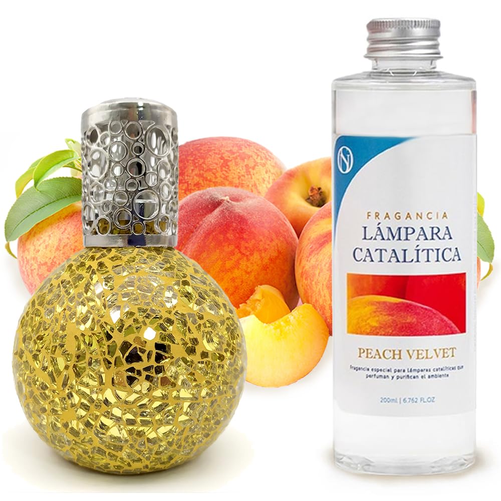 Lámpara Catalítica Mosaico Dorado + Aroma Peach Velvet 500ml - Elimina Malos Olores, Impurezas Y Perfuma_0