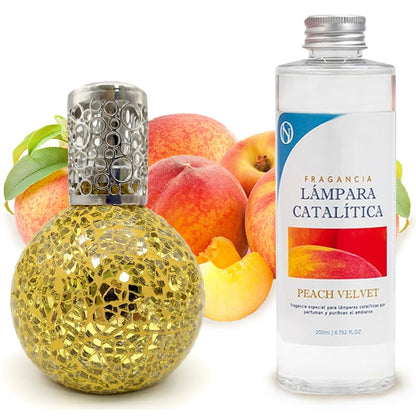 Lámpara Catalítica Mosaico Dorado + Aroma Peach Velvet 500ml - Elimina Malos Olores, Impurezas Y Perfuma_0