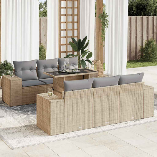 Set Sofás De Jardín 7 Piezas Y Cojines Ratán Sintético Beige / Vetonek_0