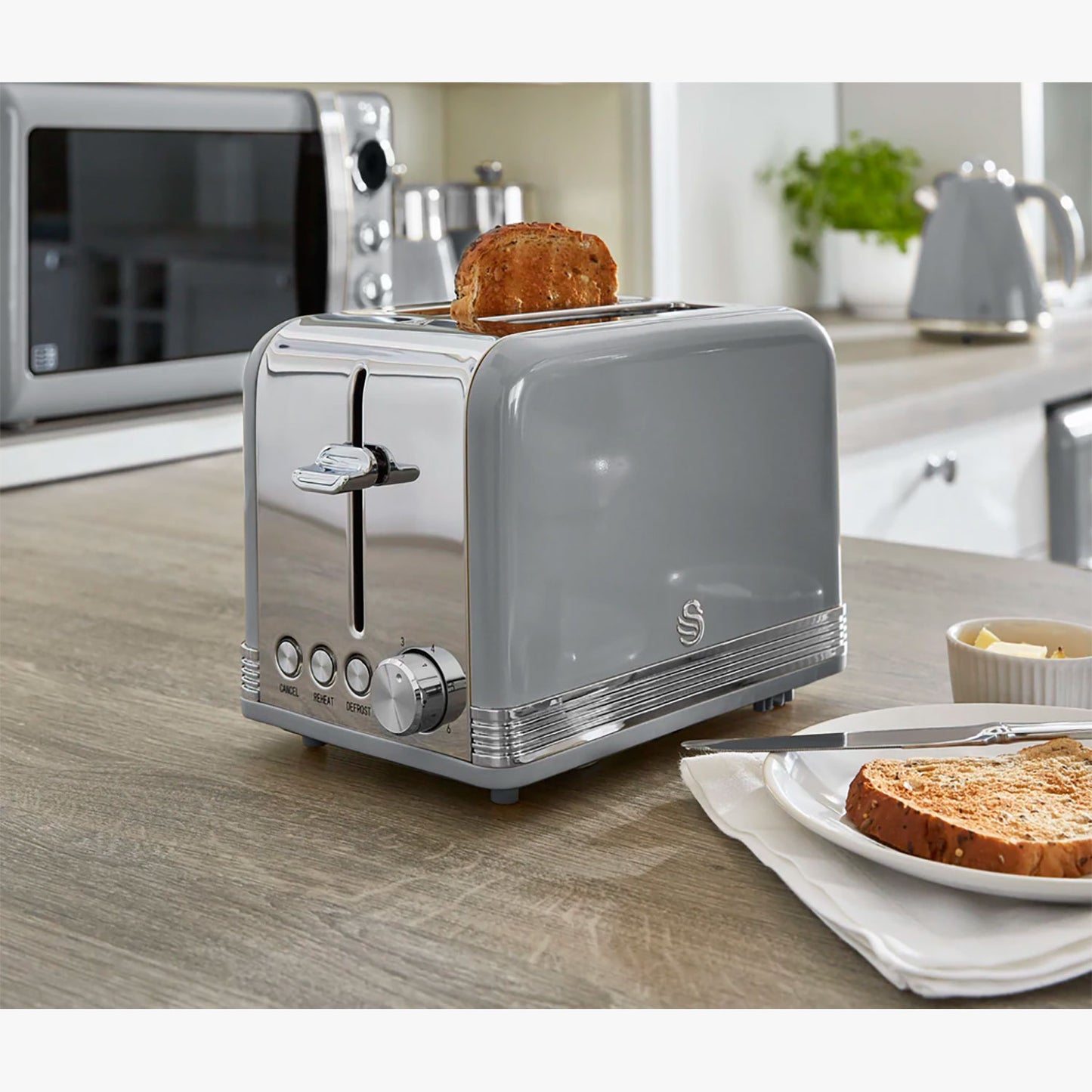 Swan Retro Tostadora Pan Ranura Ancha 2 Rebanadas, Regulador Nivel De Tostado, Descongelación, St19010grneu, Gris 800w_1