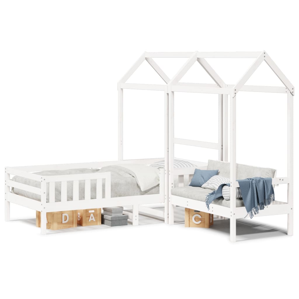 Set Cama Y Banco Con Techo Madera Maciza Pino Blanco 75x190 Cm_0