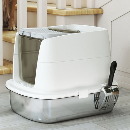 Pawhut Arenero Para Gatos De Acero Inoxidable L Con Tapa Abatible Blanco_3