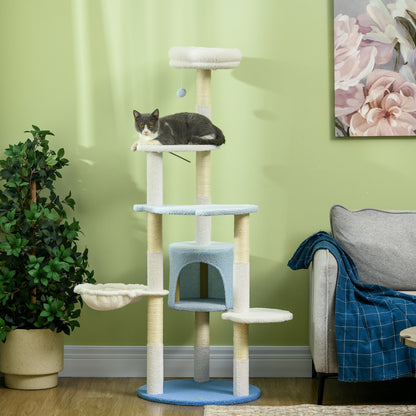 Pawhut Árbol Rascador Para Gatos Grandes De 155 Cm Con Cama Hamaca Blanco Y Azul_1