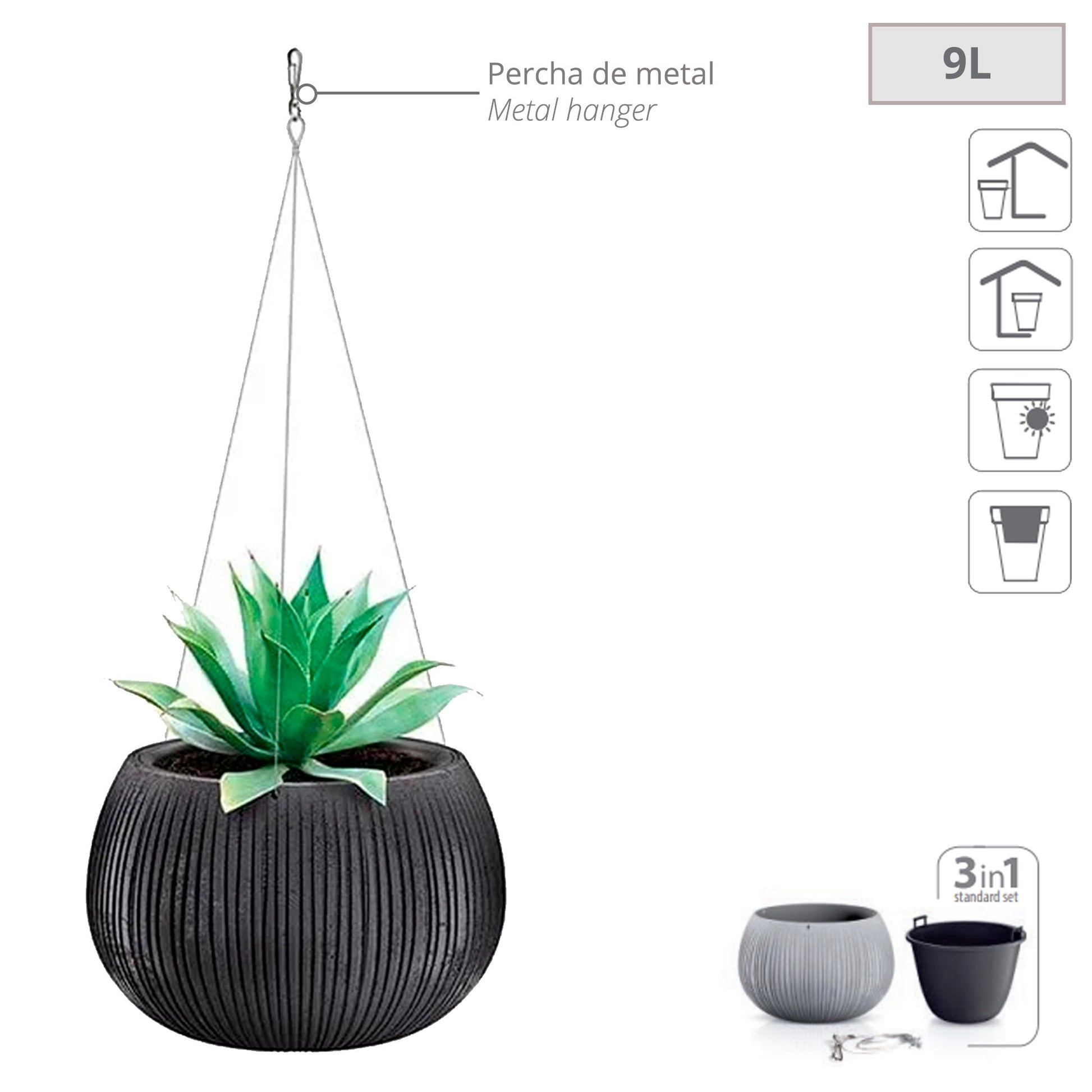 Prosperplast Beton Bowl Ws De Plástico Con Depósito En Color Cemento Negro, 21,8 (alto) X 37 (ancho) X 37 (profundo) Cms_1