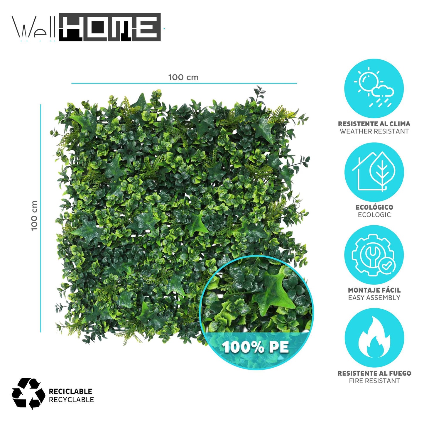 Jardín Vertical Artificial 100x100cm Well Home Hojas Verdes Mixtas Y Realistas