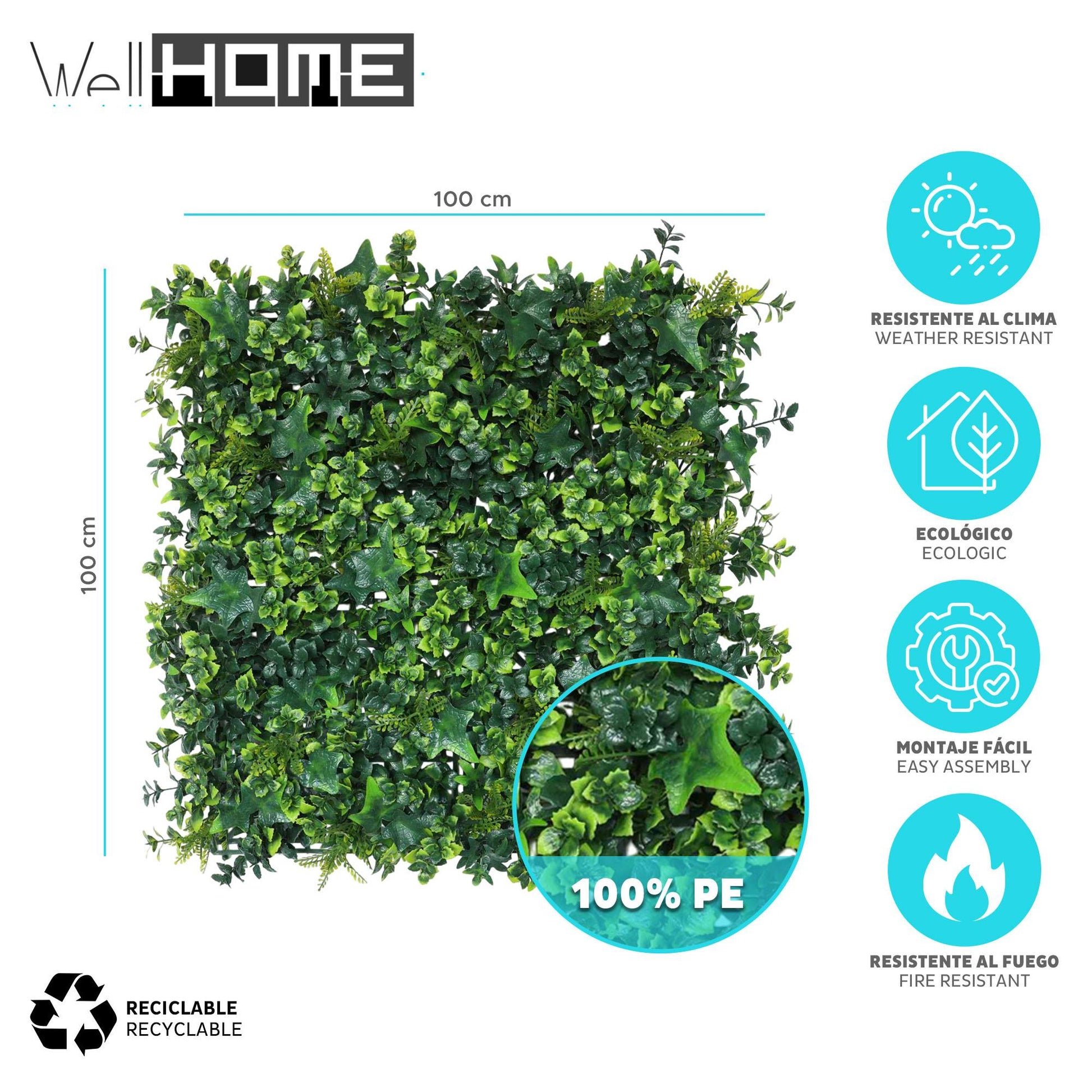 Jardín Vertical Artificial 100x100cm Well Home Hojas Verdes Mixtas Y Realistas