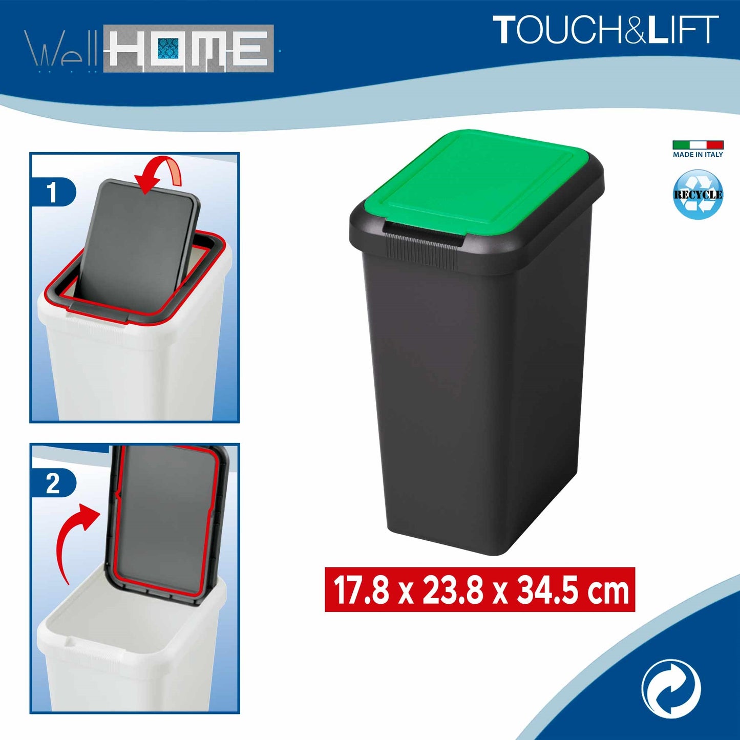 Set 4 Papeleras touch & Lift De 9l Ámbar, Azul, Blanco Y Verde_4