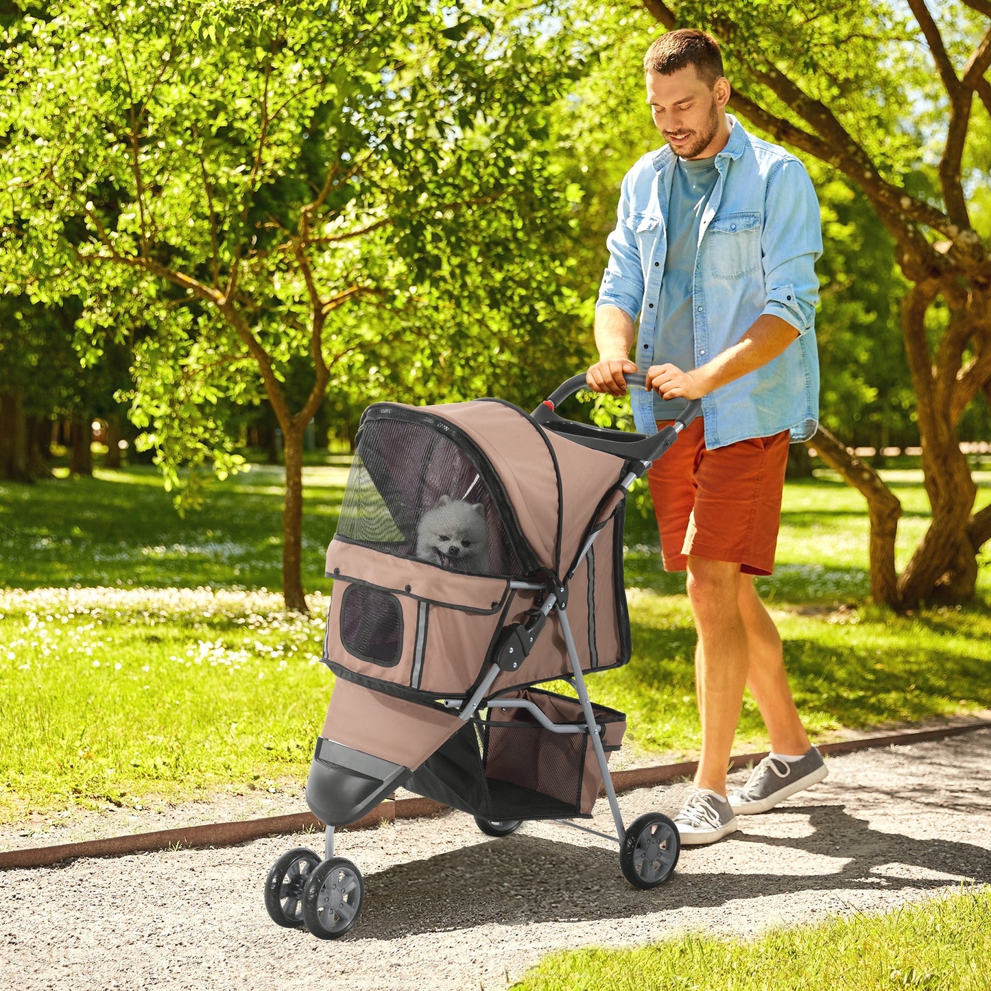 Pawhut Carrito Para Perros Plegable Con Cesta De Almacenaje 75x45x97 Cm Café_1