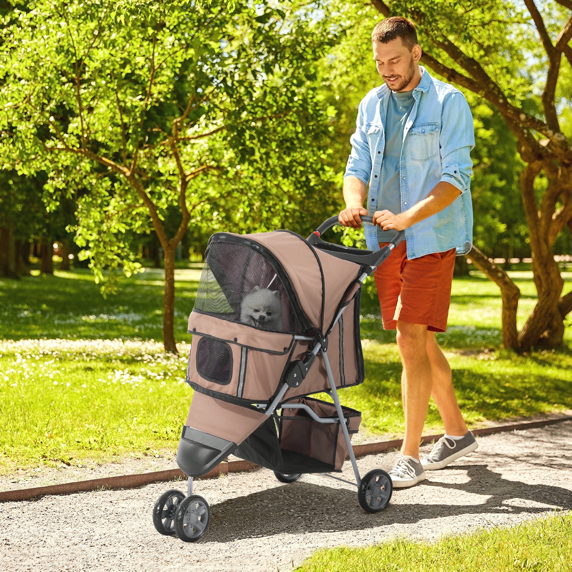 Pawhut Carrito Para Perros Plegable Con Cesta De Almacenaje 75x45x97 Cm Café_1