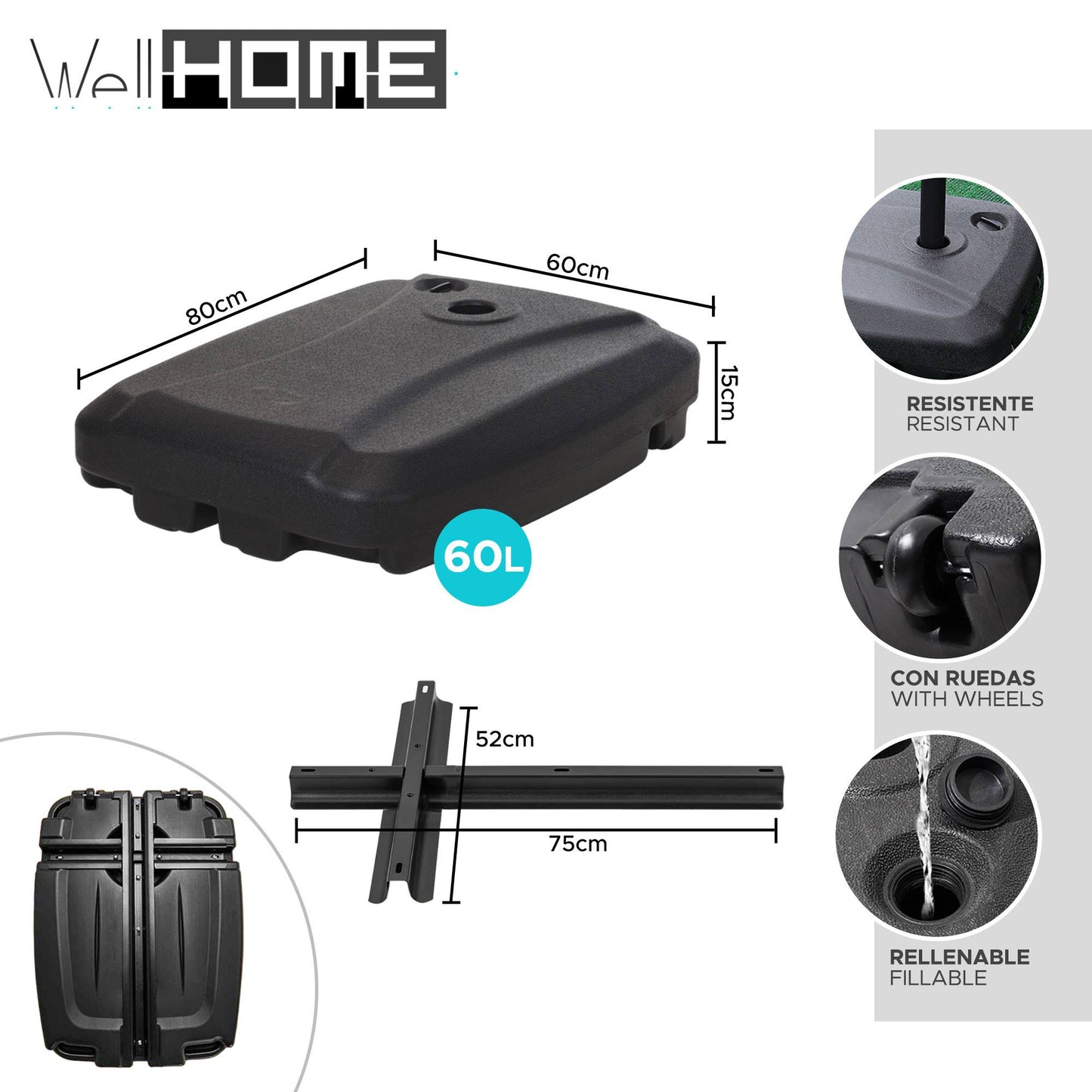 Well Home - Base De Sombrilla Resistente Con Cruz Metálica Negra 60l