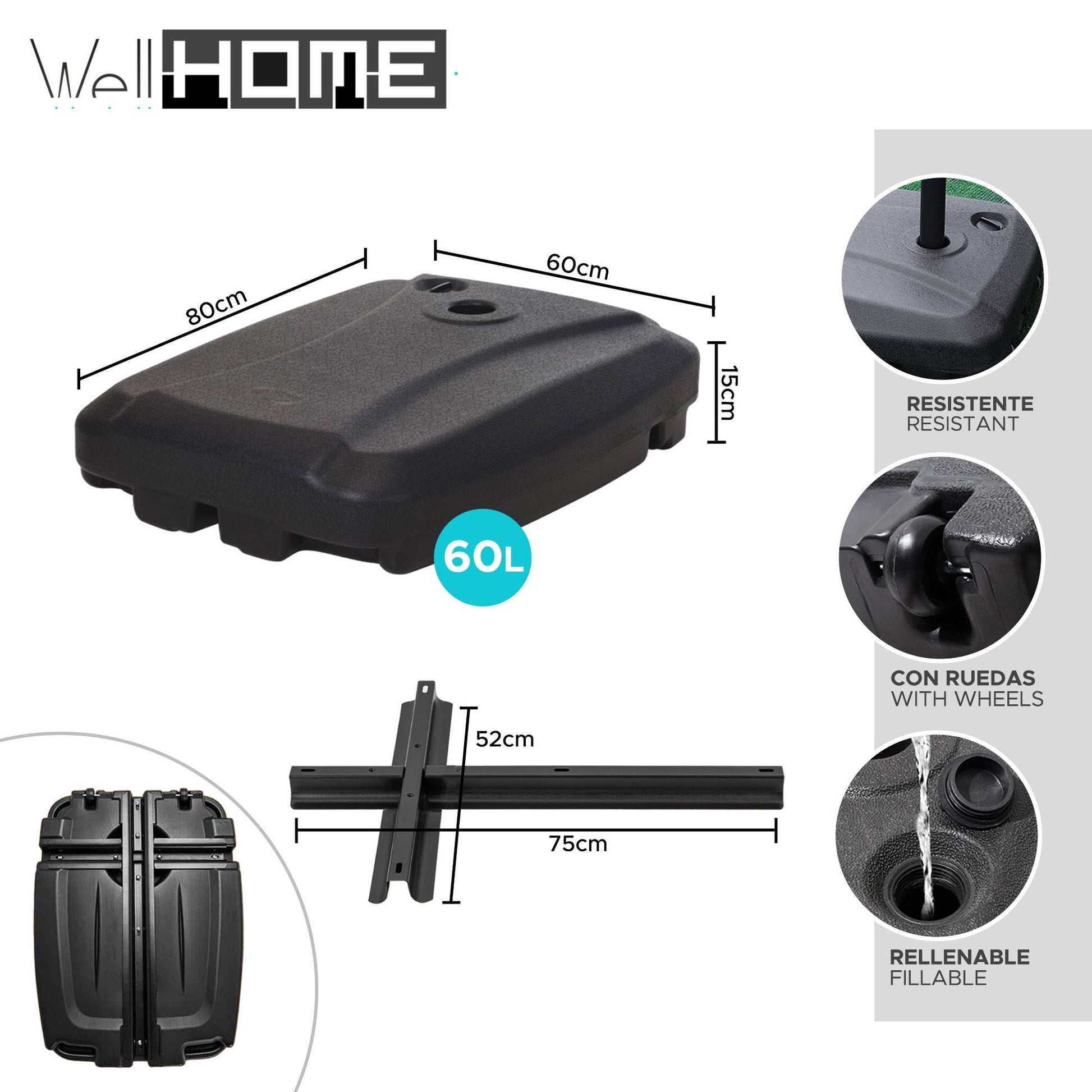 Well Home - Base De Sombrilla Resistente Con Cruz Metálica Negra 60l
