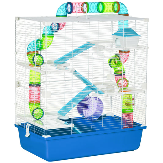 Pawhut Jaula Para Hámster 59x36x69cm Con 4 Plataformas Túnel Comedero Azul_0