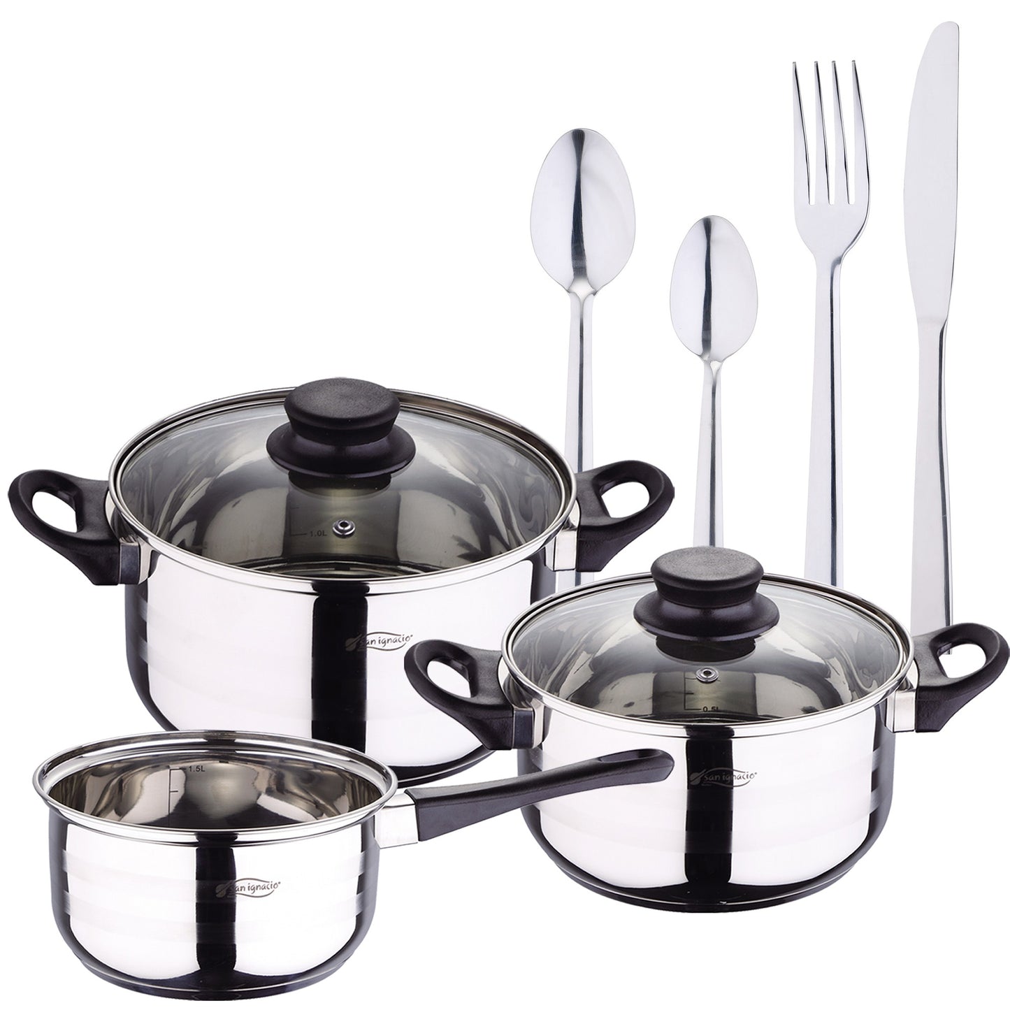 Pack Batería De Cocina 5 Piezas + Setde Cubertería 24pc En Acero Inoxidable_0