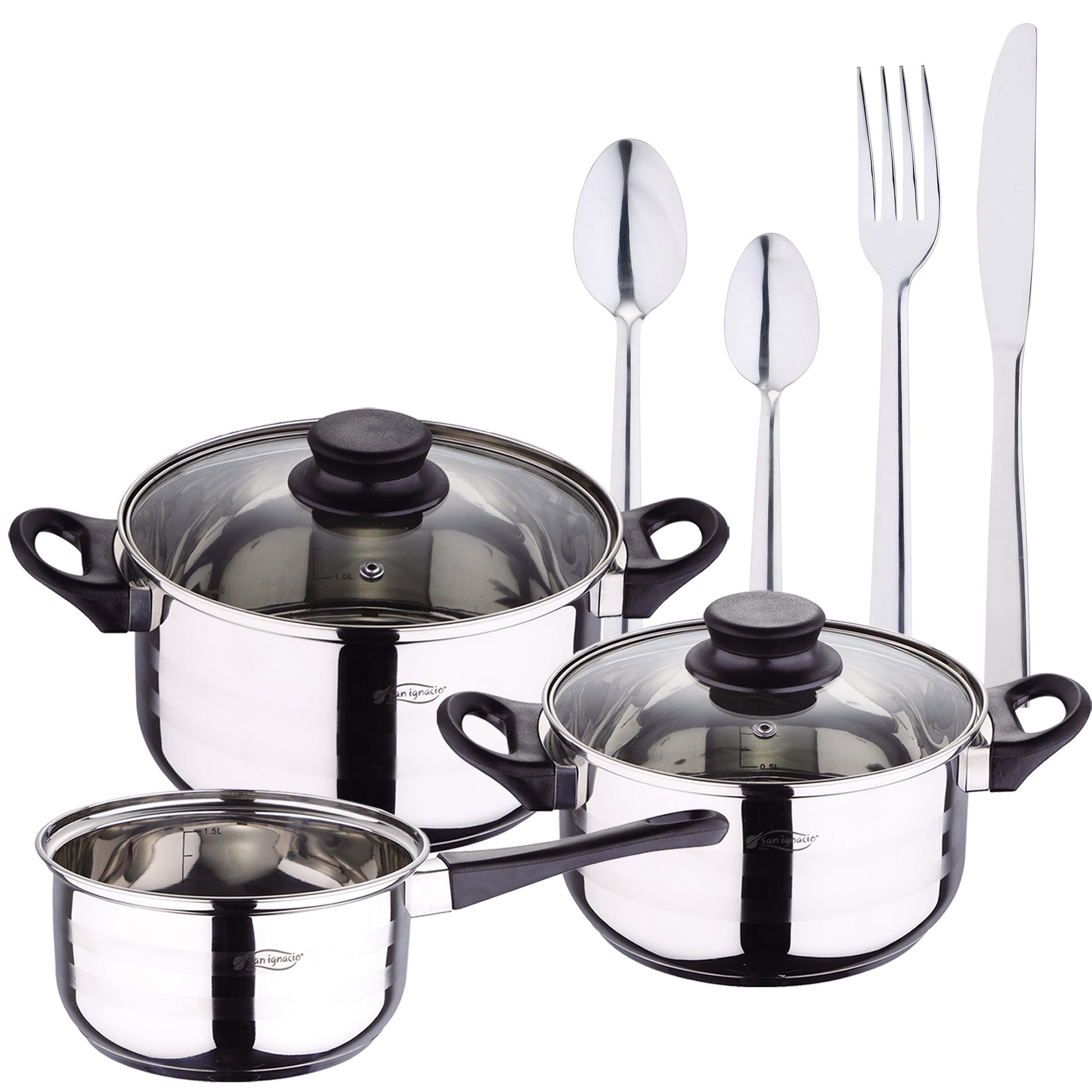 Pack Batería De Cocina 5 Piezas + Setde Cubertería 24pc En Acero Inoxidable_0