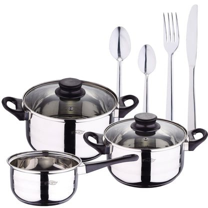 Pack Batería De Cocina 5 Piezas + Setde Cubertería 24pc En Acero Inoxidable_0