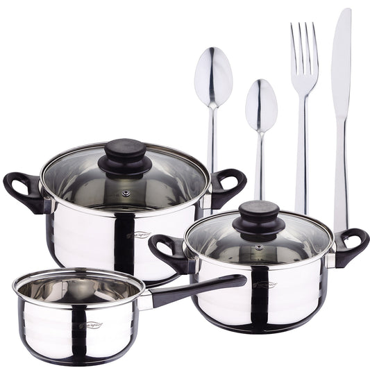 Pack Batería De Cocina 5 Piezas + Setde Cubertería 24pc En Acero Inoxidable_0