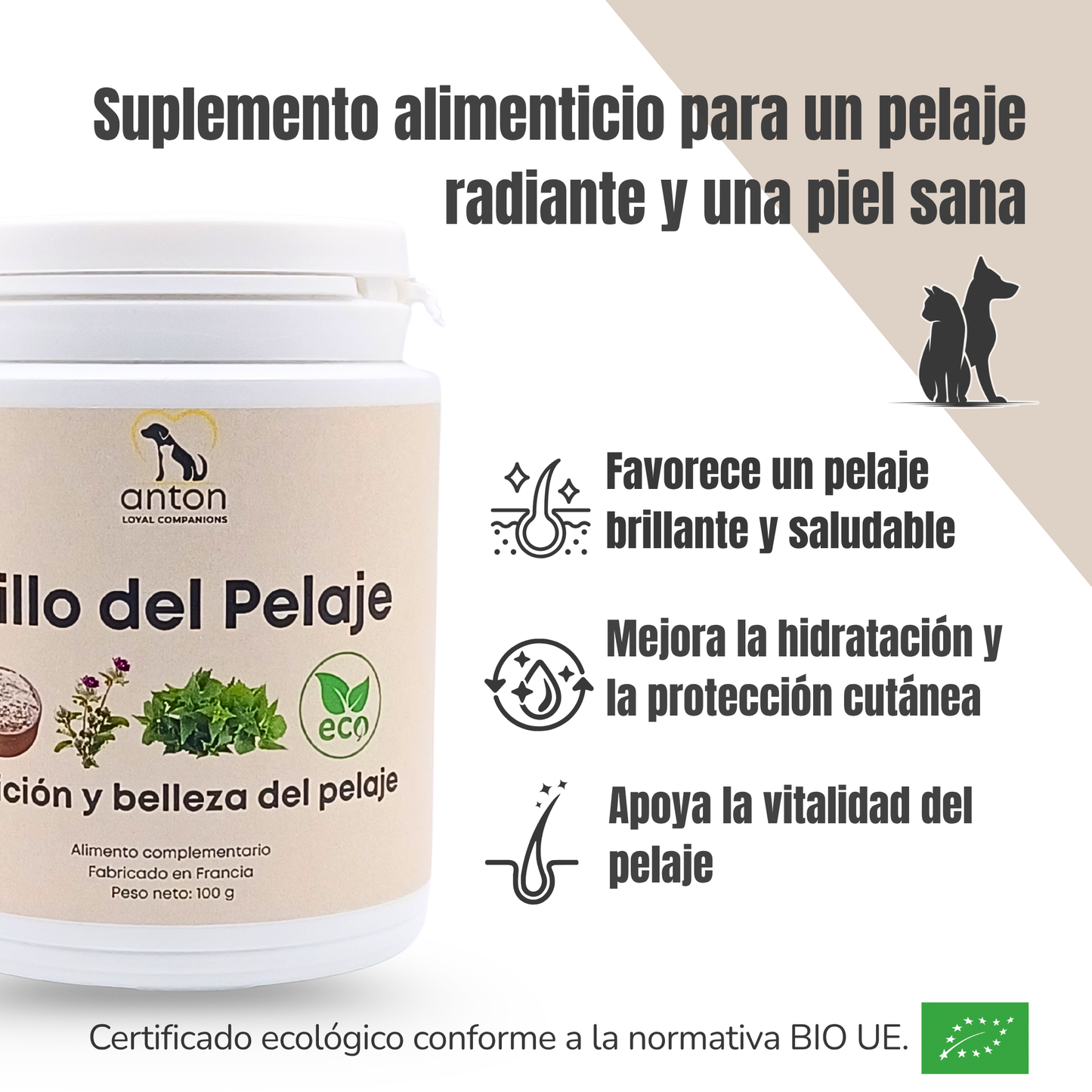 Suplemento natural para perros y gatos – Fórmula Brillo del Pelaje ECO 100 g
