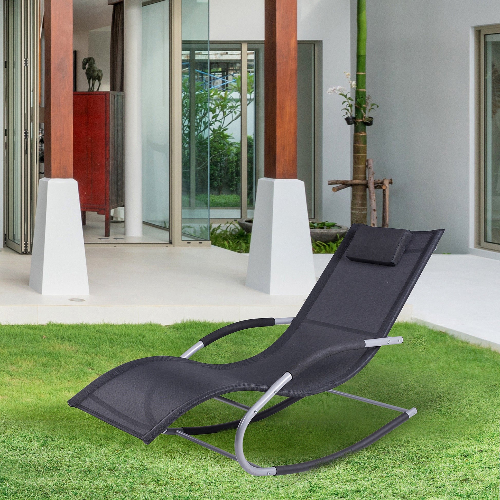 Outsunny Mecedora Para Jardín Con Reposacabezas 63x144x84 Cm Negro_1