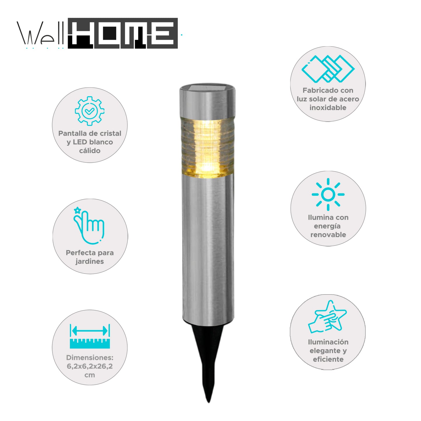 Well Home Luz Solar De Acero Inoxidable Con Pantalla De Cristal Y Led Blanco Cálido Ø6x27cm_1