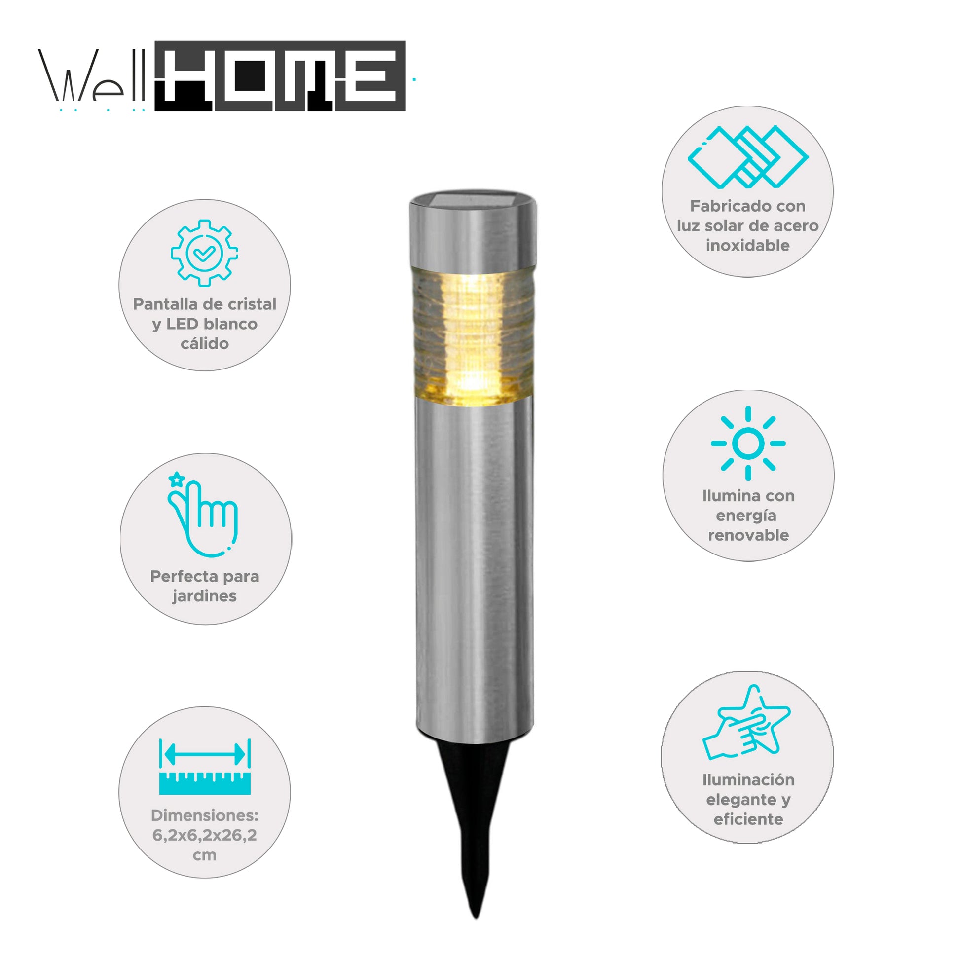 Well Home Luz Solar De Acero Inoxidable Con Pantalla De Cristal Y Led Blanco Cálido Ø6x27cm_1