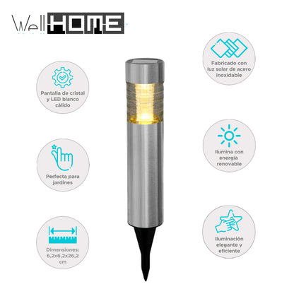 Well Home Luz Solar De Acero Inoxidable Con Pantalla De Cristal Y Led Blanco Cálido Ø6x27cm_1