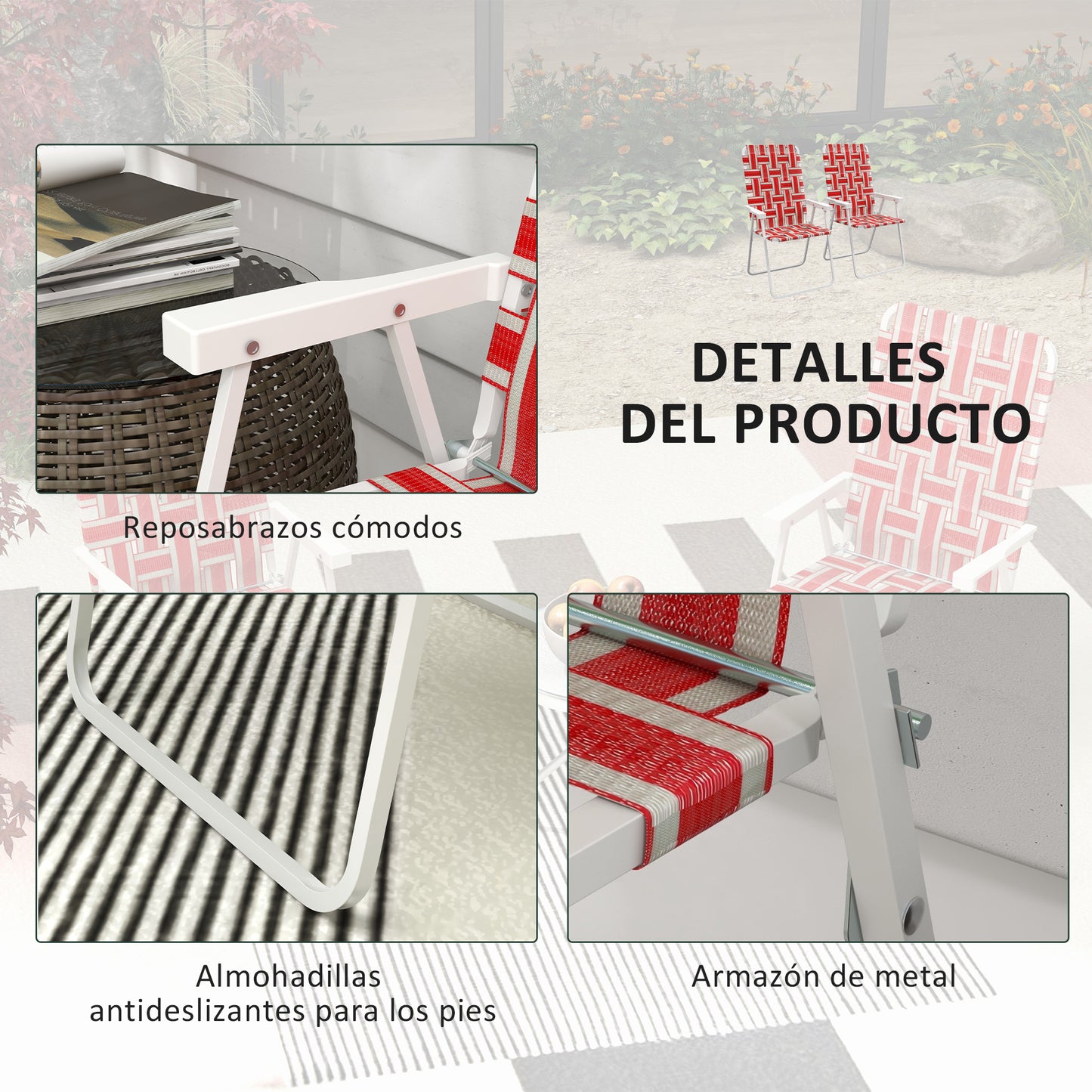 Outsunny Conjunto De 2 Sillas De Camping Plegables 57x57x94 Cm Rojo_5