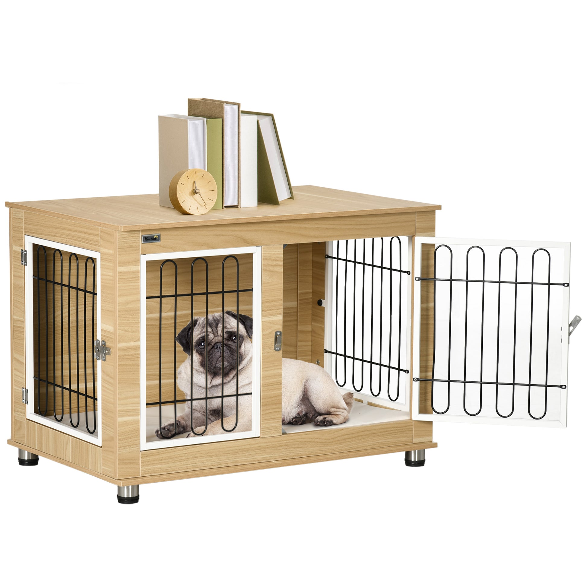 Pawhut Jaula Para Perros Con Cojín Lavable Estructura De Acero 90x58x65 Cm Roble_0