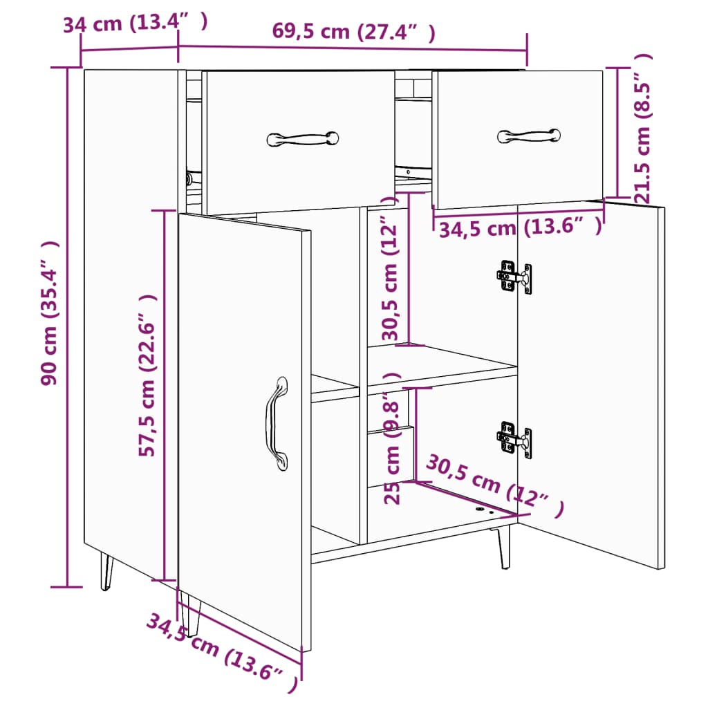 Aparador De Madera Contrachapada Blanco Brillante 69,5x34x90 Cm / Vetonek_3
