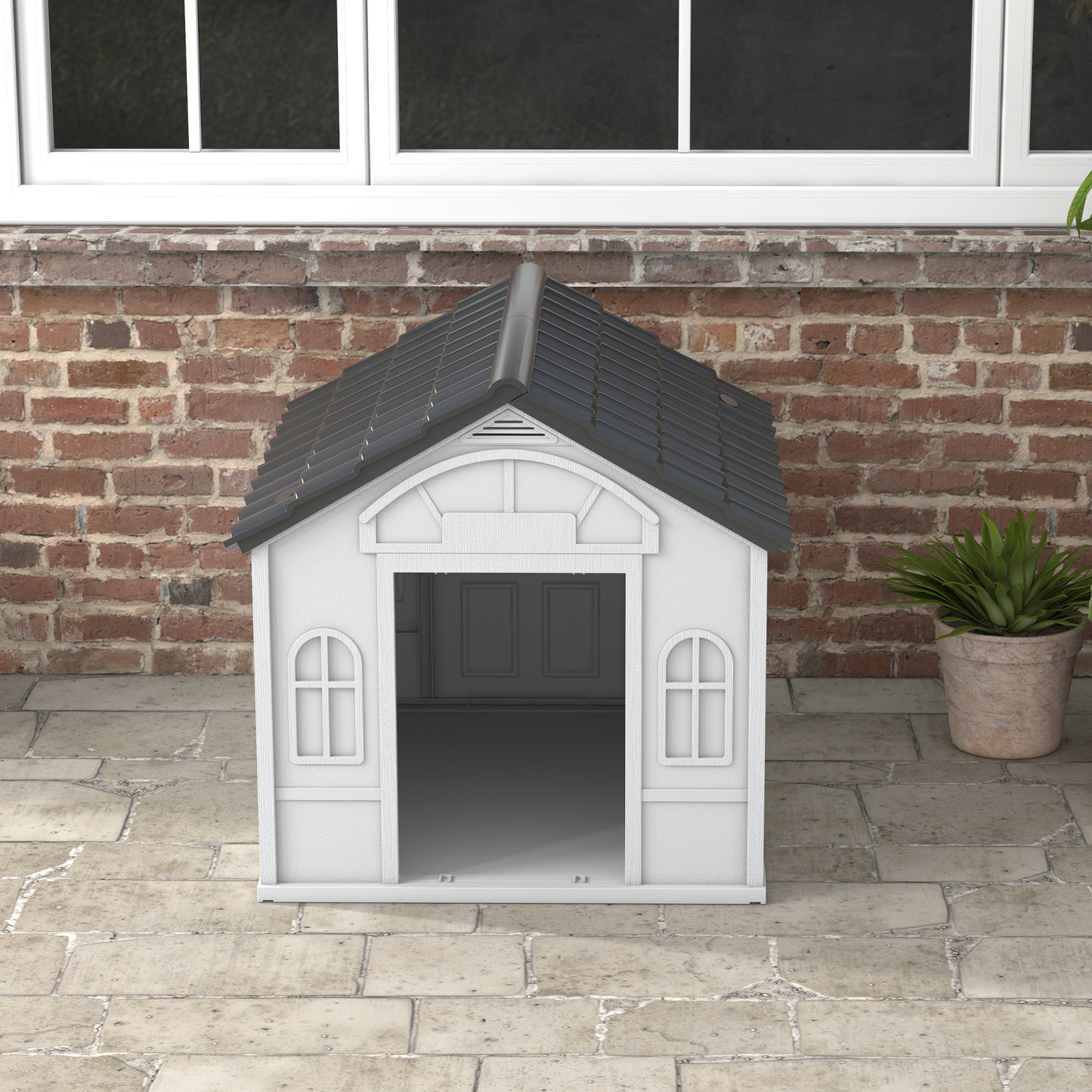 Pawhut Caseta Para Perros Exterior Con Techo De Tejas De Imitación Gris Y Blanco_3