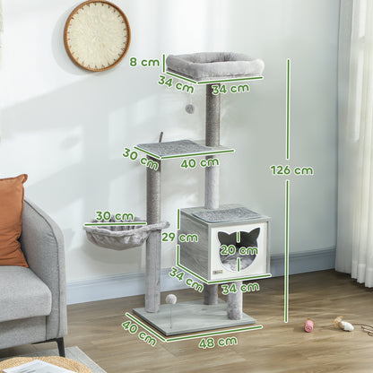 Pawhut Árbol Rascador Para Gatos 126 Cm Con Plataforma Hamaca Caseta Gris_2