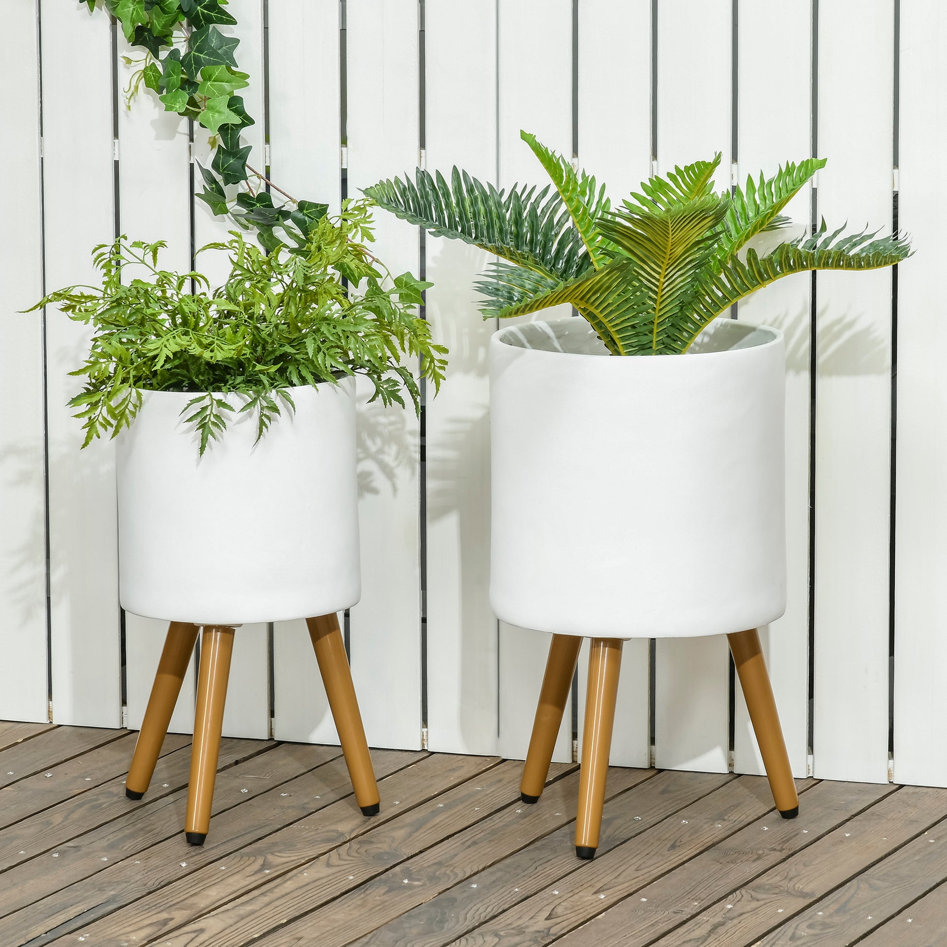 Outsunny Conjunto De 2 Macetas Para Plantas Magnesia Ø31x55 Cm Ø26x47 Cm Blanco_1