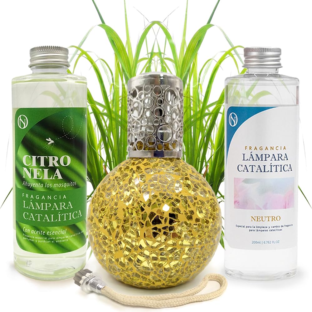 Pack Ahorro Lámpara Catalítica Mosaico Dorado + Fragancia Citronela 500ml + Limpiador Neutro 200ml + Mecha Repuesto_0
