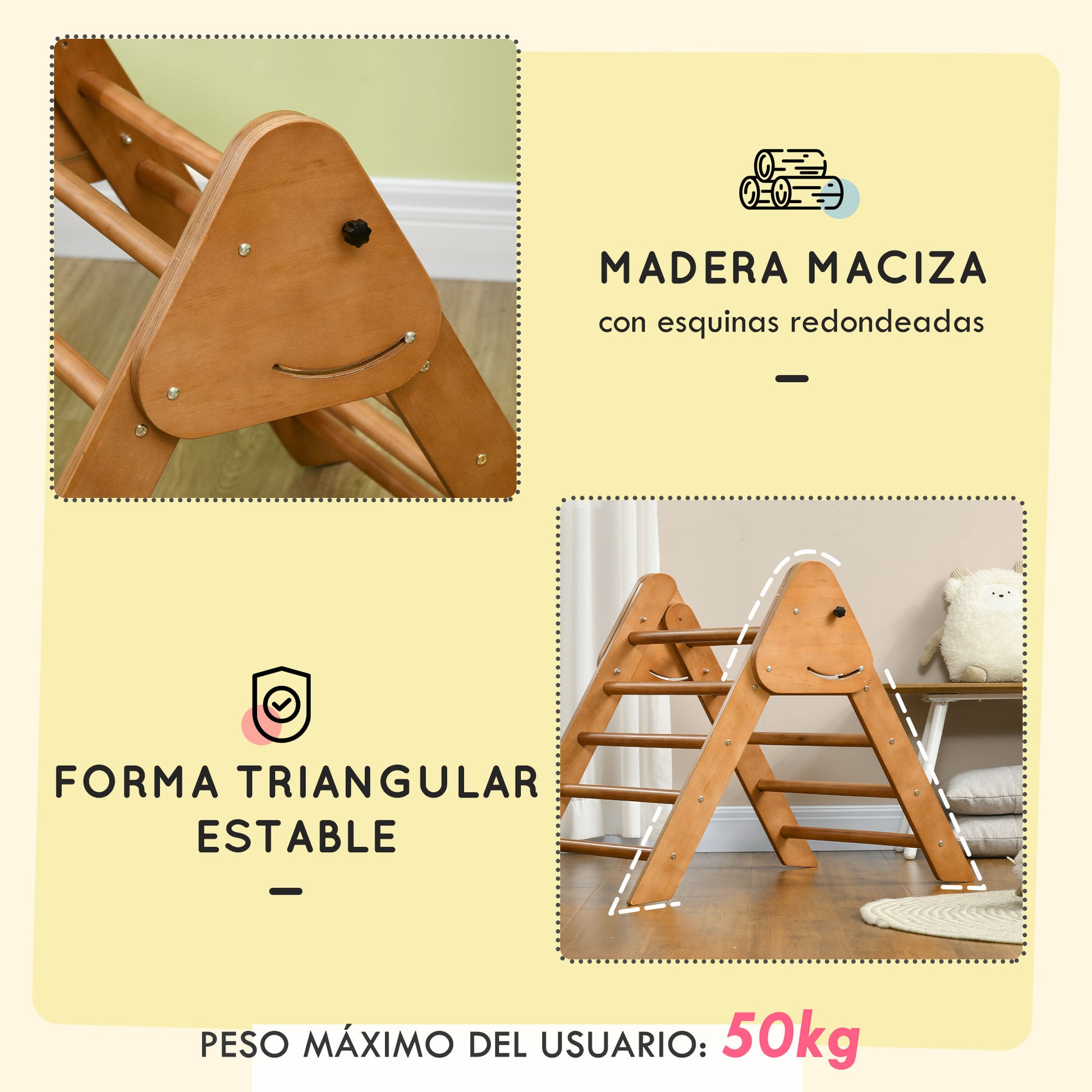 Homcom Triángulo Escalada Para Niños De +3 Años Plegable 90x64x70 Cm Marrón_5