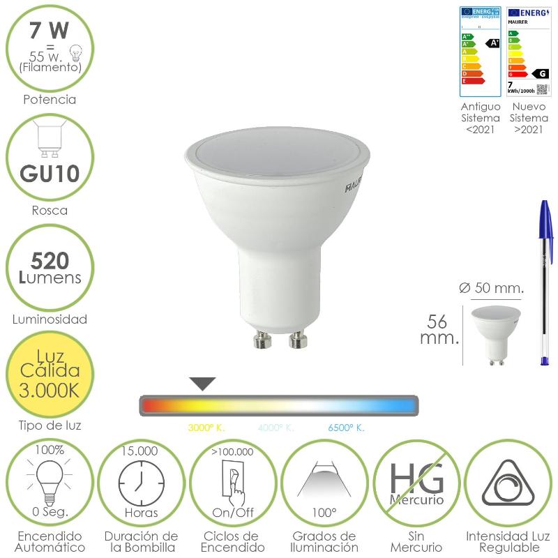 Bombilla Led Dicroica Rosca Gu10.  7 Watt. Equivale A 55 Watt. 520 Lumenes. Regulable Luz Cálida (3000º K.)_0