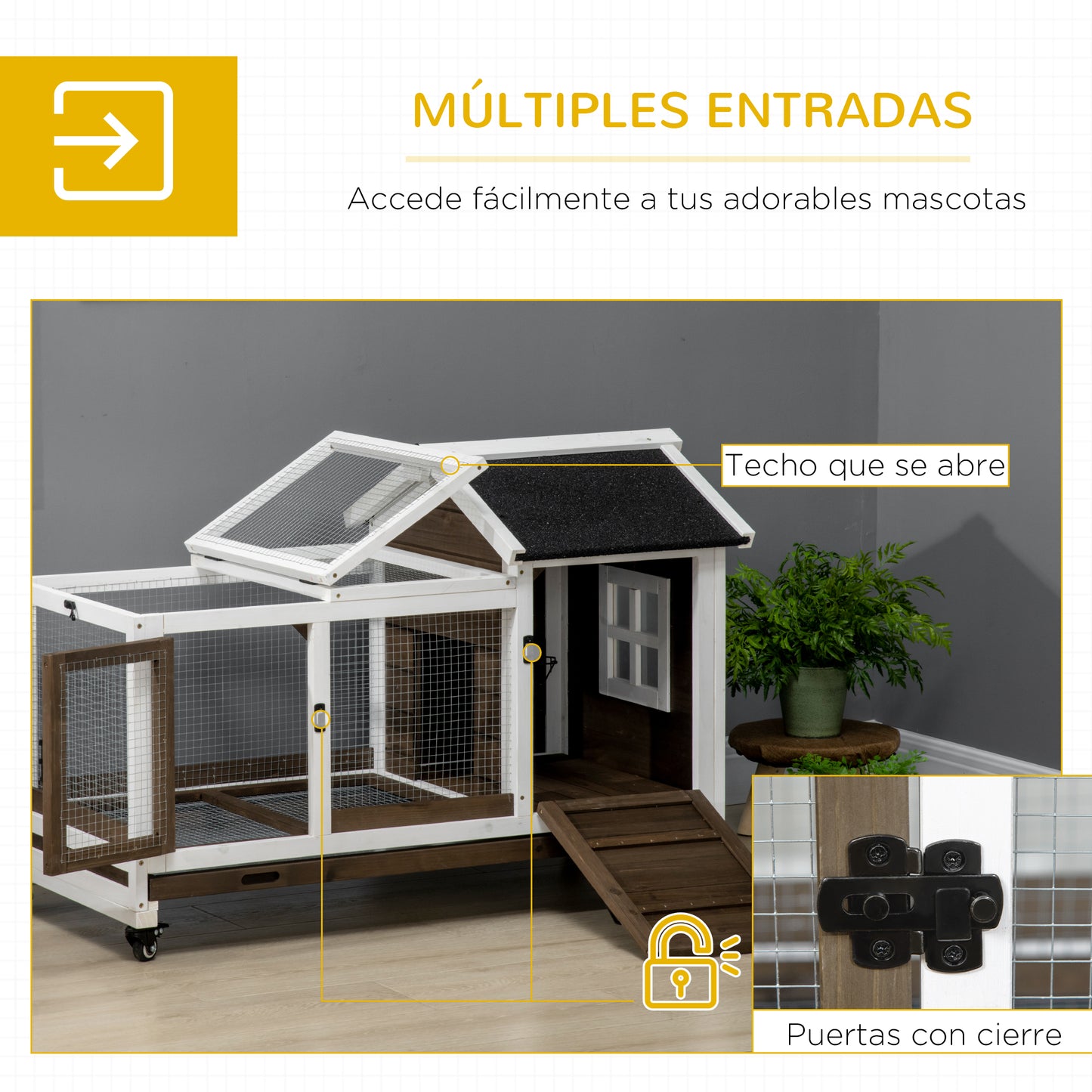 Pawhut Conejera De Madera Con Ruedas 108x58x73,5 Cm Con Techo Abrible Corral_4