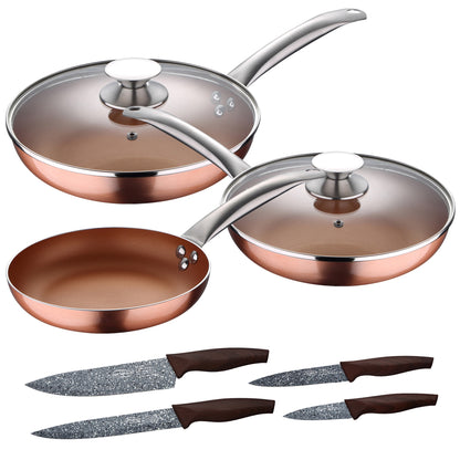 Set 5pc Sartenes (con Tapa) Aluminio Prensado Inducción Con Set 4pc Cuchillos Acero Inoxidable_0