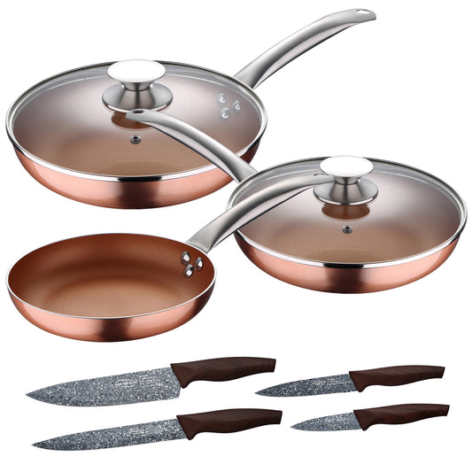 Set 5pc Sartenes (con Tapa) Aluminio Prensado Inducción Con Set 4pc Cuchillos Acero Inoxidable_0