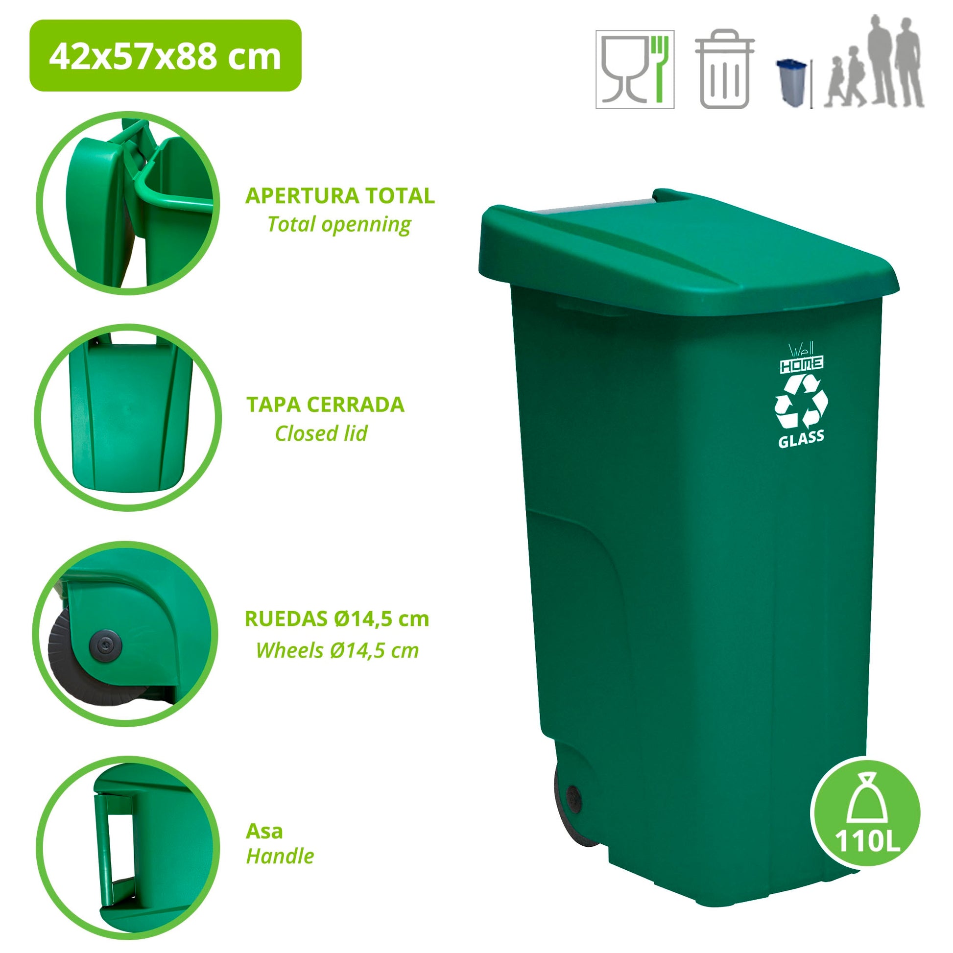 Contenedor Wellhome Reciclo 110 Litros, Cerrado Con Tapa, Ideal Para Reciclaje De Vidrio, Con Ruedas + 3x Bolsas De Basura De 10 Unidades