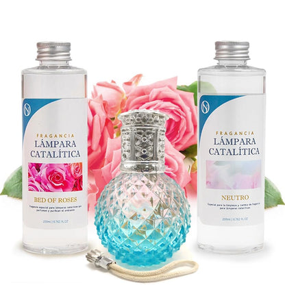 Pack Ahorro Lámpara Catalítica Blue Diamonds + Fragancia Bed Of Roses 200ml + Limpiador Neutro 200ml + Mecha Repuesto_0