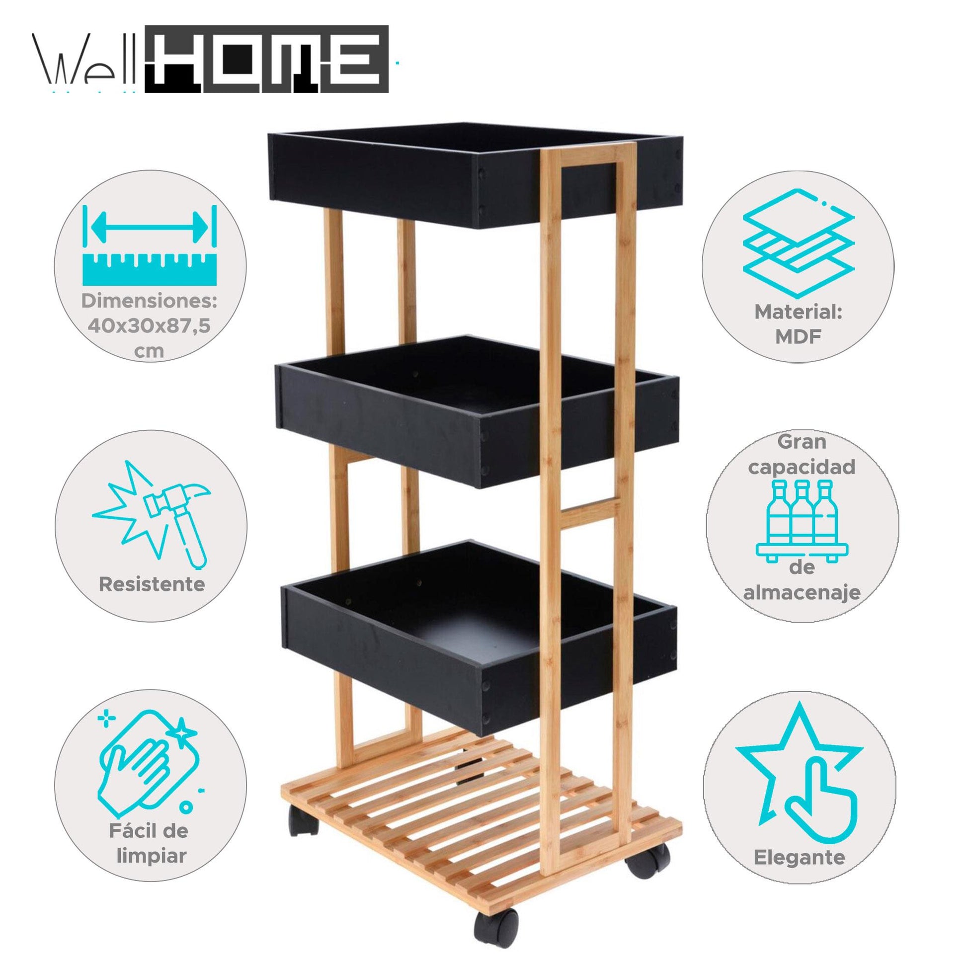 Well Home Carro De Almacenamiento En Bambú Con 1 Estante Y 3 Bandejas En Color Negro 40x30x87,5cm