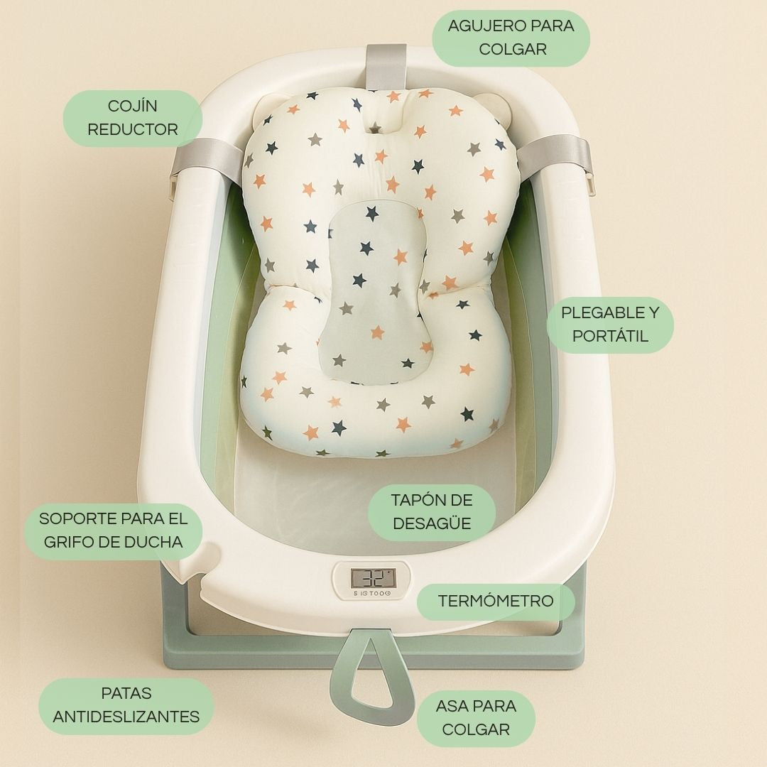 Bathby Bañera Plegable Verde Para Bebés, Cojín Reductor, Termómetro, Patas Antideslizantes (verde Pastel)_5