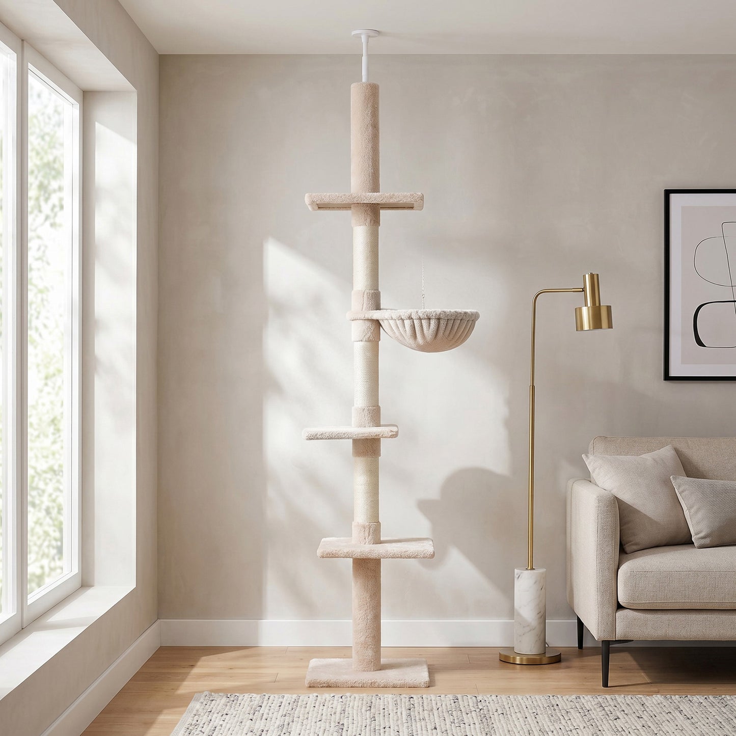 Pawhut Árbol Para Gatos De Suelo A Techo De 230-260 Cm Con Plataformas Beige_1