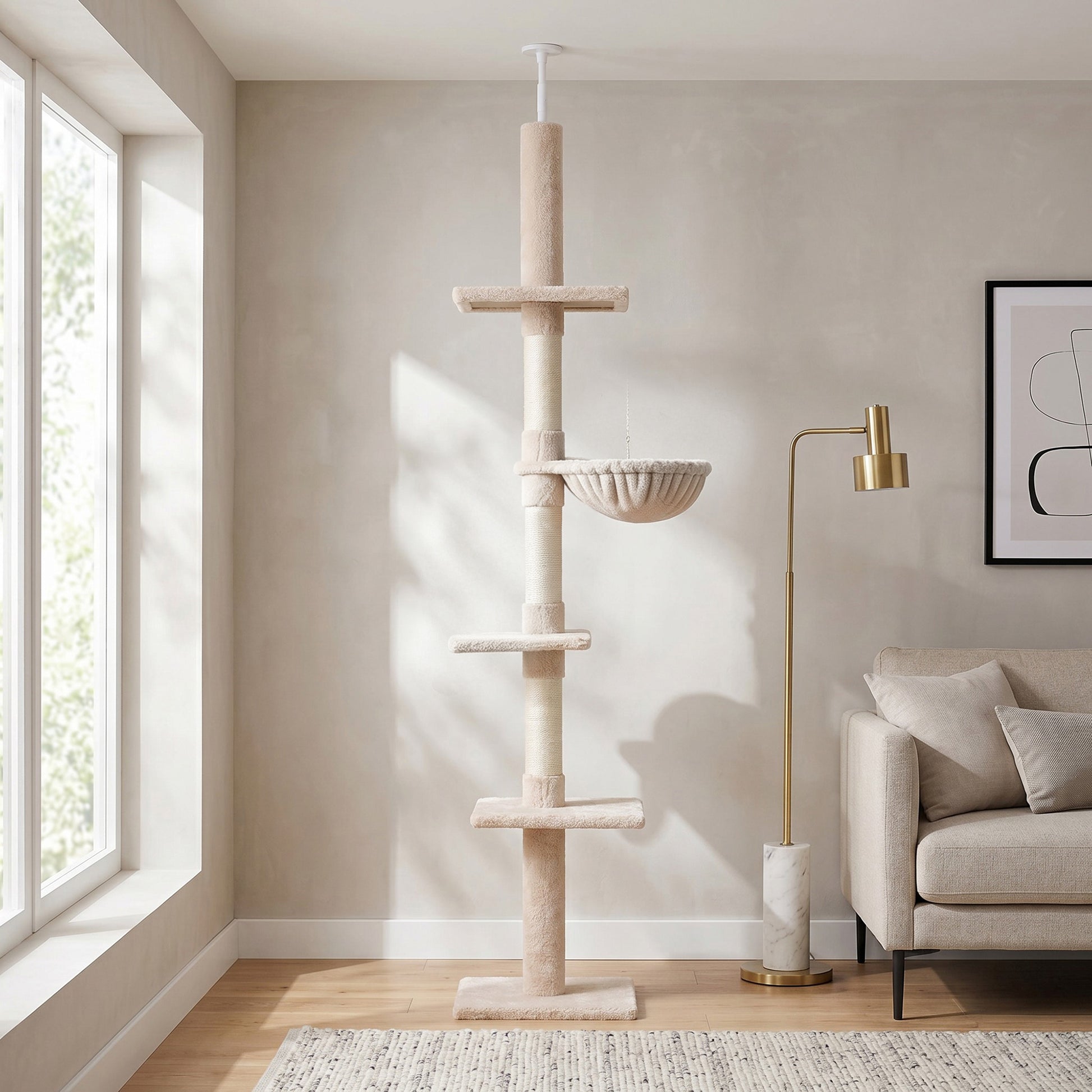 Pawhut Árbol Para Gatos De Suelo A Techo De 230-260 Cm Con Plataformas Beige_1
