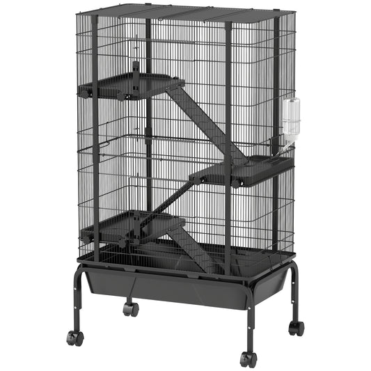 Pawhut Jaula Para Animales Pequeños De 4 Niveles Con Ruedas 69x44x120 Cm Negro_0